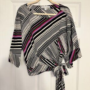 Trina Turk 100% Silk Striped Colorful 3/4 Sleeve Tunic Style Tie Blouse
